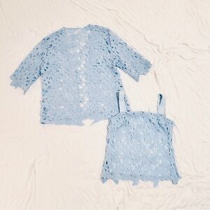 Light Blue Lace Two-Piece Set (Top + Camisole) Romantic Feminine
